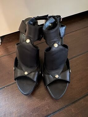 Dior Black Leather Cutout Ankle-Heel Sandals with Silver Accents